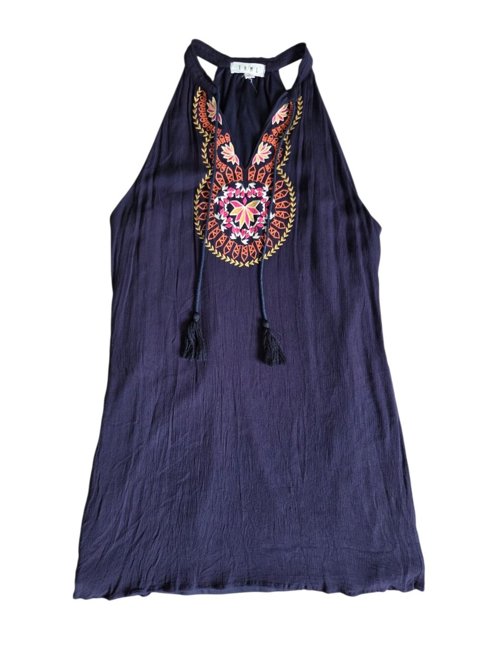 THML Navy Blue Roonie Embroidered Boho Mini Dress Large
